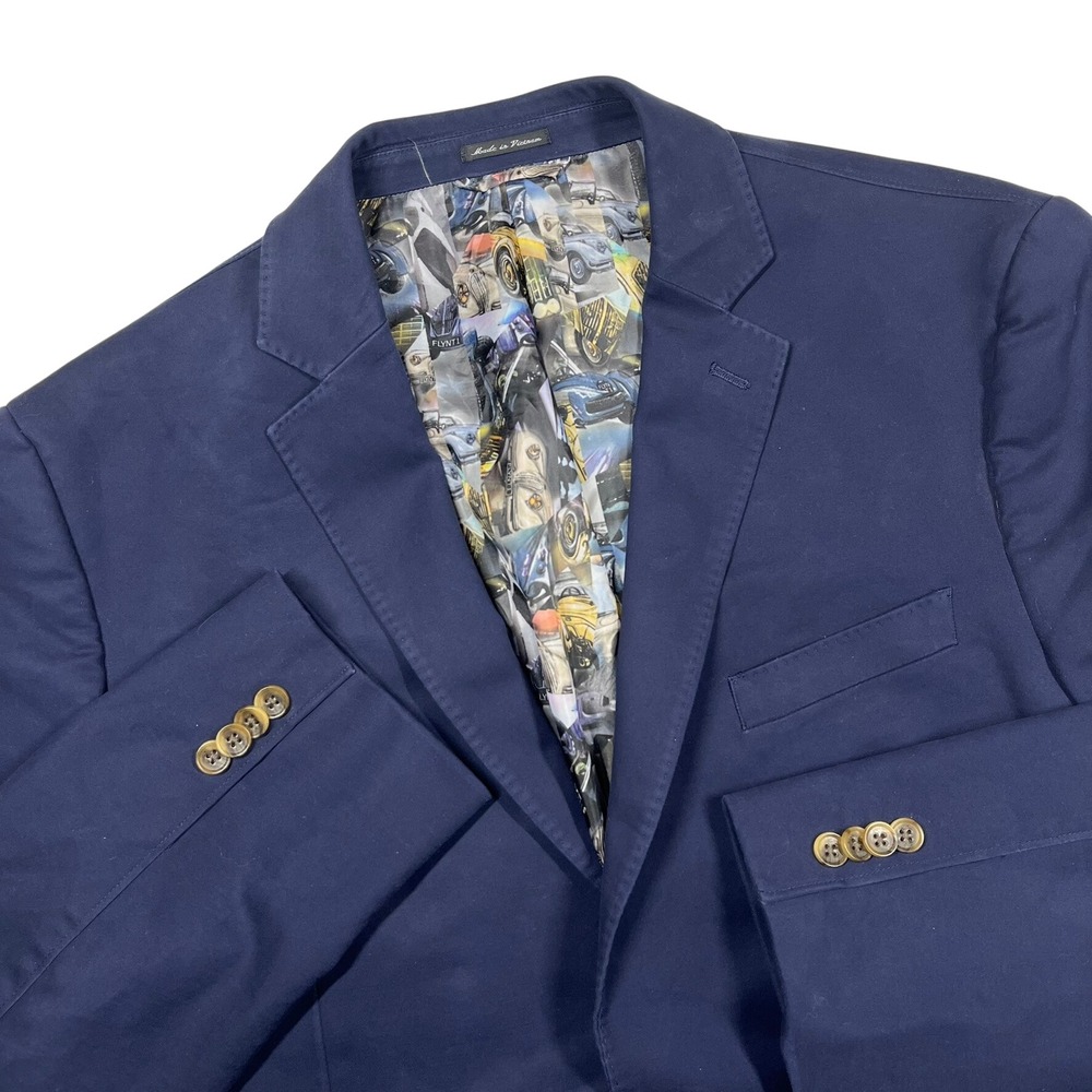 Flynt Bueller Sport Coat Mens 46R Navy Blue Cotton Spandex Vintage Car Lining